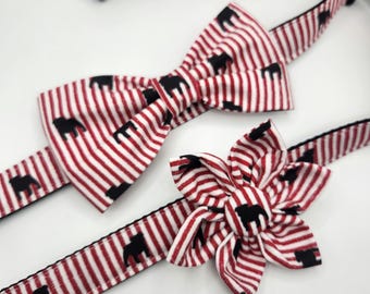 Handmade Bulldog Dog Collar: Red Stripe, Bow Tie or Flower