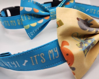 Handmade Birthday Dog Collar: Blue Party Fabric with Bowtie or Sailor Bow