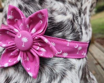 Handmade Pink Palmetto Dog Collar: South Carolina Bow Tie or Flower