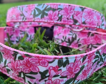 Handmade Azalea Flower Dog Collar: Pink & Green Cotton, Bowtie Option