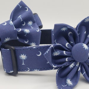 Handmade Dog Collar with Bow Tie or Flower. Palmetto Collar. Navy and White South Carolina Palmetto Tree with Cresent Moon. Washable