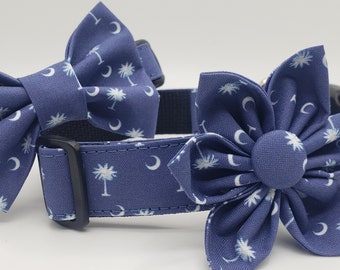 Handmade Dog Collar with Bow Tie or Flower. Palmetto Collar. Navy and White South Carolina Palmetto Tree with Cresent Moon. Washable