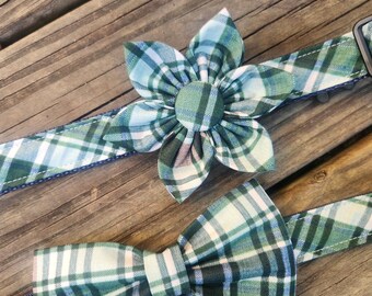 Handmade Plaid Dog Collar with Bowtie or Flower: Navy Blue, Hunter Green and Brown