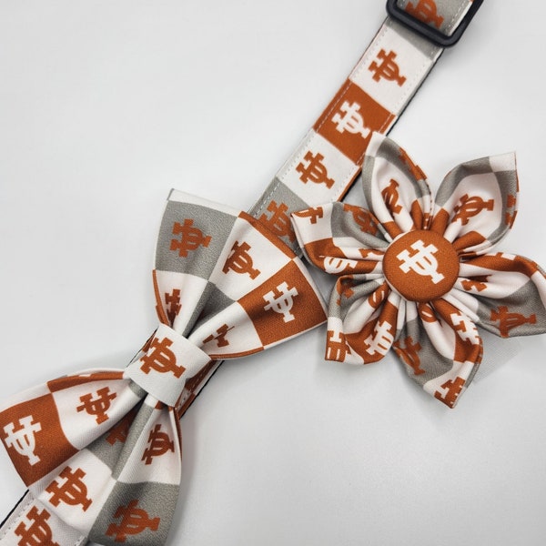 Handmade Dog Collar with Bow Tie or Flower. Texas Longhorns. College Football. Washable. Adjustable. Durable.