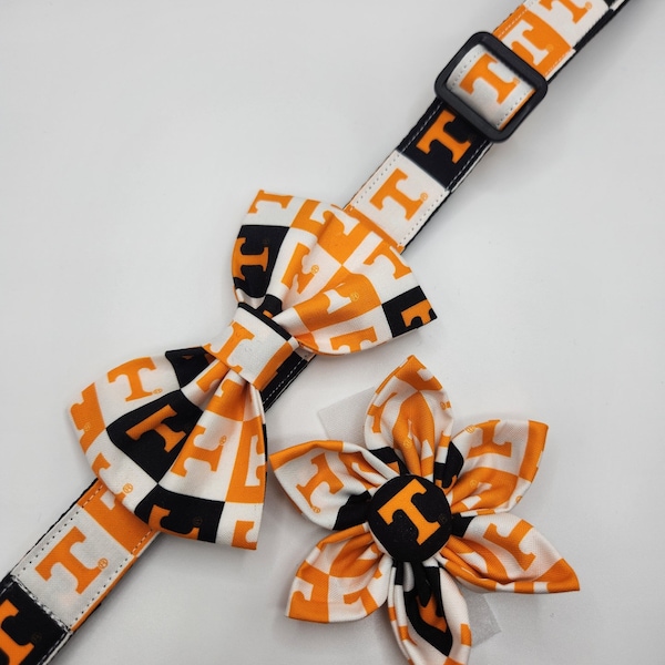 Handmade Tennessee Volunteers Dog Collar with Bow Tie or Flower. Orange, White & Black. Washable and Durable. College football. SEC. Smokey