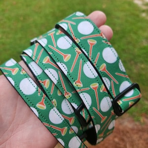 Handmade Dog Collar with Bow Tie or Flower. Golf Design in green. Golf tees and Golf balls.  Washable. Durable. Adjustable.
