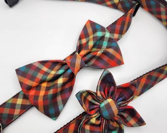 Handmade Plaid Dog Collar with Bowtie or Flower: The Charlie Collar