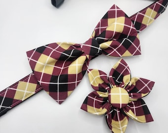 Argyle Dog Collar: Garnet, Black & Gold Plaid - Bowtie or Flower