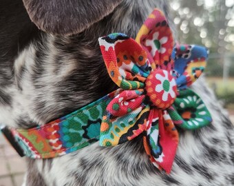 Handmade Floral Dog Collar: Cotton Bow Tie or Flower, Bright Colors.