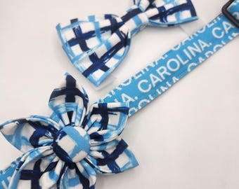 Handmade Carolina Dog Collar: Blue Plaid Bowtie or Flower, Adjustable