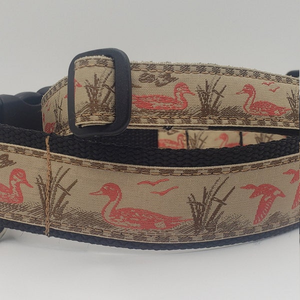 Handmade Duck Dog Collar: Red Tan Jacquard Ribbon, XL Hunting Dog