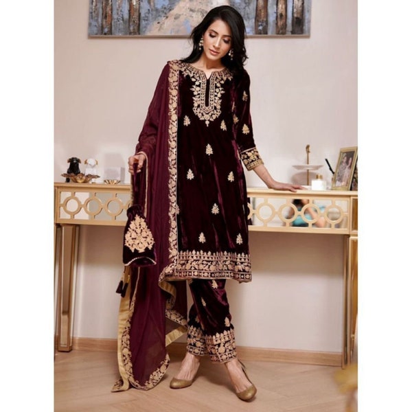 Beautiful Designer Embroidery Velvet Pakistani suit. Readymade velvet Kurta pant set with Dupatta Partywear. Gift for her