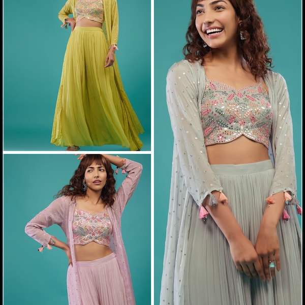 Mehndi Crop top shrug plazzo Suit, Indian Crop Top sharara For Woman, Bridesmaid Dress, Ethnic Kurti, Wedding Outfit, UK, US, Canada, NZ