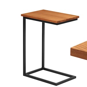 Könnte beinhalten: Ein schwarzer Metall-Beistelltisch mit einer rechteckigen Holzplatte. Der Tisch hat ein schlichtes, modernes Design.