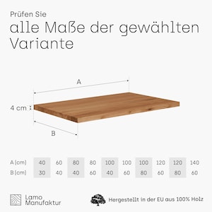 May include: A rectangular wooden shelf, 4 cm thick, with dimensions labeled A and B. The image includes a table of possible sizes, with A ranging from 40 cm to 140 cm and B ranging from 30 cm to 60 cm. Text at the top reads "Check all dimensions of the selected variant."