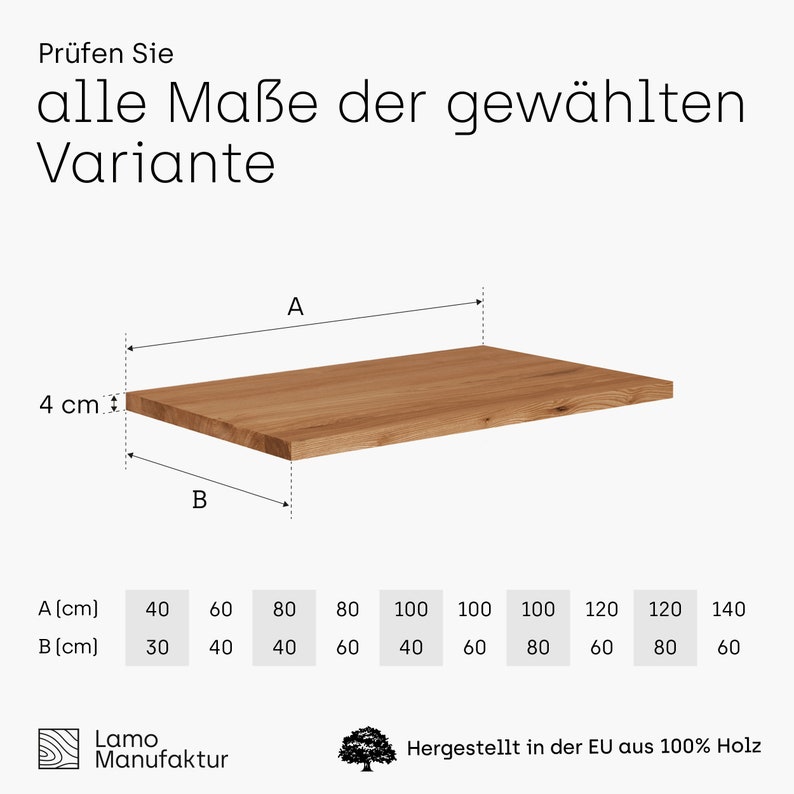 May include: A rectangular wooden shelf, 4 cm thick, with dimensions labeled A and B. The image includes a table of possible sizes, with A ranging from 40 cm to 140 cm and B ranging from 30 cm to 60 cm. Text at the top reads "Check all dimensions of the selected variant."