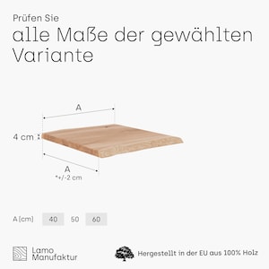 May include: A wooden board with a natural edge, measuring 4 inches in height and available in 40, 50, or 60 cm lengths. The board is made of 100% wood and is manufactured in the EU.