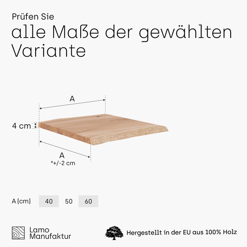 May include: A wooden board with a natural edge, measuring 4 inches in height and available in 40, 50, or 60 cm lengths. The board is made of 100% wood and is manufactured in the EU.