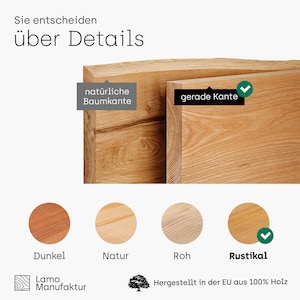May include: Close-up of two wooden planks with different edge styles, one natural and one straight. The image includes color swatches labeled "Dunkel," "Natur," "Roh," and "Rustikal." Text reads "Sie entscheiden &uuml;ber Details" and "Hergestellt in der EU aus 100% Holz."