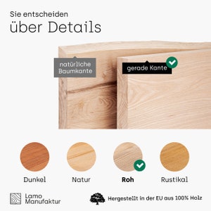 May include: Close-up of two wooden planks with different edge styles, one natural and one straight. The image includes color swatches labeled 'Dunkel', 'Natur', 'Roh', and 'Rustikal'. Text reads 'Sie entscheiden &uuml;ber Details'.