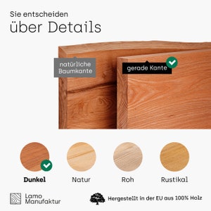 May include: Close-up of two wooden planks with different edge styles, one natural and one straight. The image includes color swatches labeled "Dunkel", "Natur", "Roh", and "Rustikal". Text reads "Sie entscheiden &uuml;ber Details" and "Hergestellt in der EU aus 100% Holz".