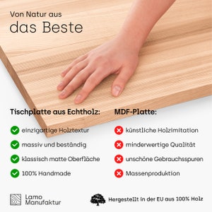 May include: A light-colored wooden tabletop with a hand resting on its surface. The text on the image says "Von Natur aus das Beste" and lists features like "unique wood texture" and "100% Handmade".