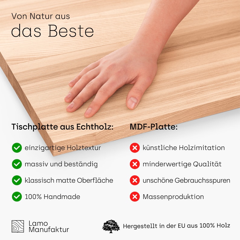 May include: A light-colored wooden tabletop with a hand resting on its surface. The text on the image says "Von Natur aus das Beste" and lists features like "unique wood texture" and "100% Handmade".