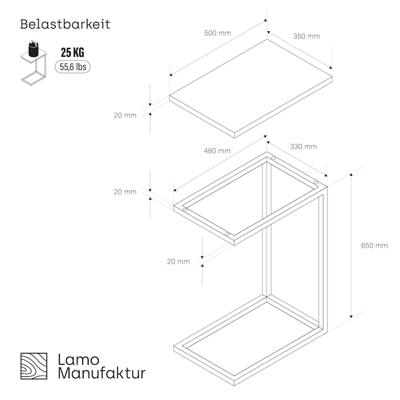 LAMO Manufaktur Beistelltisch 50x30x67 cm Laptoptisch Sofatisch mobiler Kaffeetisch Nachttisch 100 % Echtholz-Massivplatte Bild 8