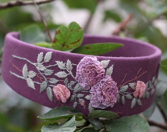 Floral Embroidered Purple Headband Black Wide Headband With Purple Flower Embroidery – QuinceFables main image 3