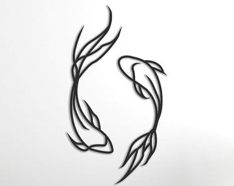 Feng Shui Koi Fisch Kunst Metallskulptur - Minimalistische Linie Kunst, Metallwandkunst, Betta Fisch-Wanddekor; Abstrakte Kunst; Fisch Vase Raumdekor 2tlg