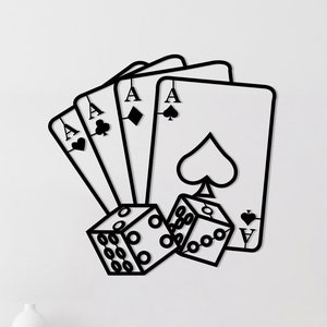 Arte de pared de naipes de metal, arte de línea de cuatro tipos y dados, decoración de pared minimalista de Ace Casino, arte de pared de póquer, decoración de jugador de baraja de cartas