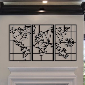 Art mural carte du monde en métal, Carte du monde géométrique 3 pièces, Décoration murale en métal, Décoration d'intérieur, Suspension murale, Décoration de salon et maison