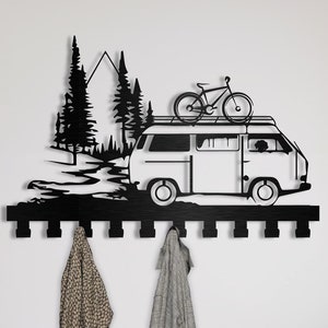 Metal Wall Mounted Coat Rack, Camper Van Hall Tree, Metal Wall Art, Clothing, Hat, Wall, Towel Hooks, Key Holder for Wall, Travel Lover Gift