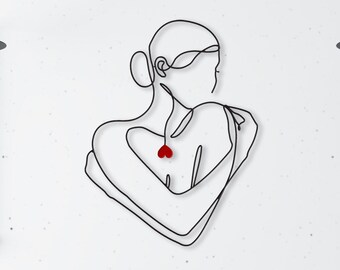 Minimalist Woman Line Art: Red Heart Metal Wall Decor