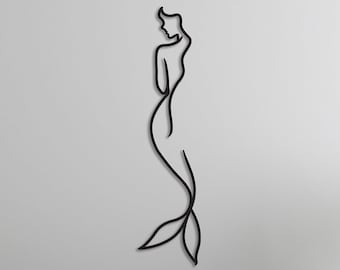 Kleine Meerjungfrau Minimalistische Linie Kunst, Metallwanddekor, Metallwandkunst, Haus Wandbehänge, Mermaidcore Wandkunst, über dem Bett Hauskunst