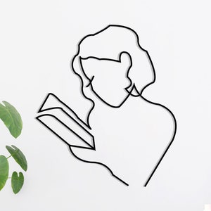 Minimalist Line Art, Metal Wall Decor, Woman Reading A Book, Modern Library Wall Art, Abstract Lady Art for Bookshelf, Minimal Gifts For Her
