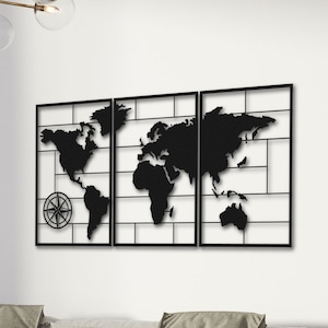 Mapa del mundo con brújula, decoración de pared de metal: mapa del mundo 3D, obra de arte en metal; arte de pared con mapa del mundo, decoración de pared de arte para el hogar (75 x 38 pulgadas) (190 x 97 m) (3 piezas)