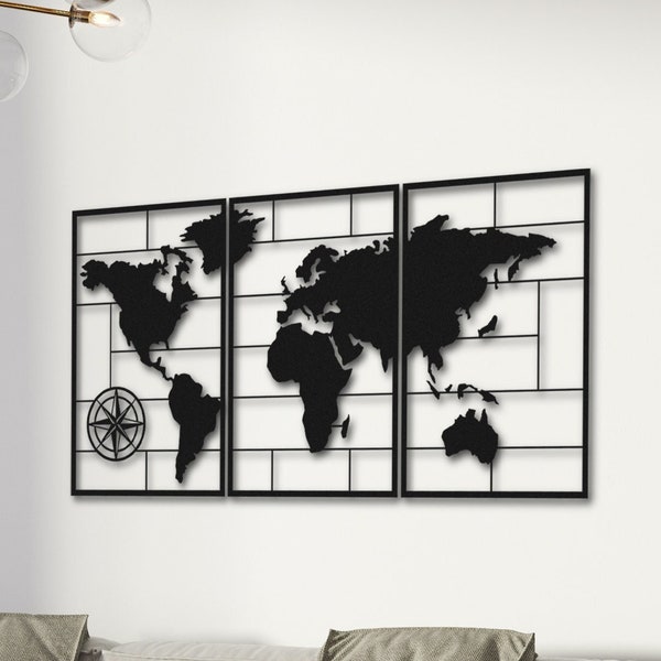 World Map Compass Metal Wall Decor: 3D World Map, Metal Art Work; World Map Wall Art, Home Art Wall Decoration (75x38inches)(190x97m)(3pcs.)