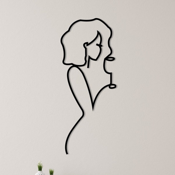 Woman Toasting Metal Wall Decor, Minimalist Line Art, Wine With Lady, Modern Kitchen Wall Art, Abstract Wine Glass Decor, Girl Wine Art Gift