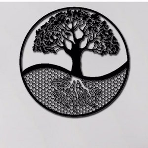 May include: Black metal wall art depicting a tree of life with intricate roots and branches. The tree is set against a circular background with a honeycomb pattern.