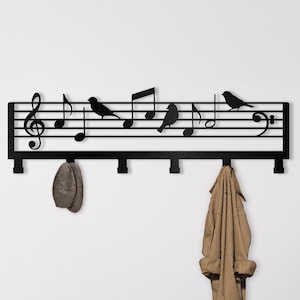 Music Portrait & Notes wall mounted coat rack, Metal Wall Art, Key Holder for Wall, Music Symbols Bird Art, Music Lover, Teacher,Studio Gift
