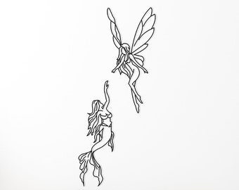 Kleine Zeemeermin & Fairy Metal Wall Art, Angel Wings Woman Line Art; Fairy Wings minimalistische muurkunst, uniek vakantiecadeau, meisje slaapkamer decor