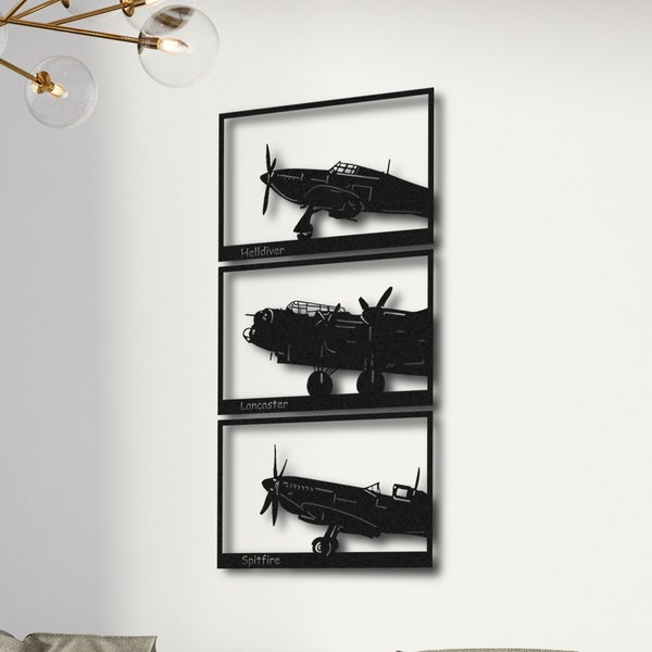 Airplane Metal Wall Decor, 3D Metal Wall Art for Home Office Bedroom Livingroom Outdoor Decoration (3 pcs. Helldiver, Lancaster & Spitfire)
