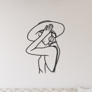 Woman with Hat Metal Wall Art: Minimalist Line Art Decor