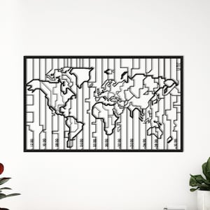 Décoration murale en métal avec fuseau horaire mondial - Carte du monde en métal, décoration murale en métal, oeuvre d'art de la carte du monde : décoration de la maison et du bureau