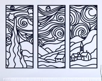 星空の夜のメタルウォールアート：ゴッホ風三連画、ミッドセンチュリーモダンインテリア