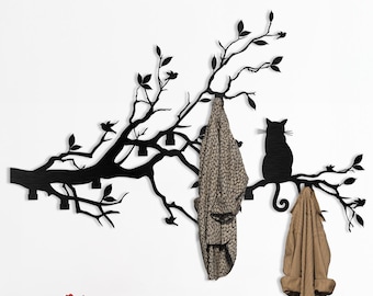 Cat in Tree Wall Mounted Coat Rack, Black Cat Neutral Metal Wall Art, Gifts for Cat Lovers, Garden Coat Hooks Metal Art, Key Holder for Wall