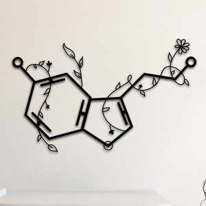 Serotonin Metal Wall Art, Feel Good Chemical Floral Hexagon Molecule Minimalist Wall Art, Botanical Trendy Science Gifts, Nature Art Nouveau