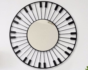 Piano Themed Decorative Dresuar Mirror; Round Metal Wall Mirror - Metal Wall Art; 3D Metal Wall Decoration for Rooms (24x24inches/60x60cm)