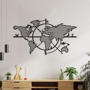 Boussole carte du monde en métal, décoration murale en métal, oeuvre d'art, art mural carte du monde, art en métal, décoration murale, décoration en métal pour la maison (38 x 24 inc/96 x 62 cm)